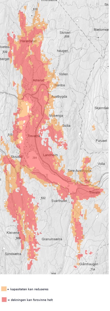 Dekningskart som viser områder som vil få redusert dekning og bortfall av dekning. Kartutsnitt fra Telenor.