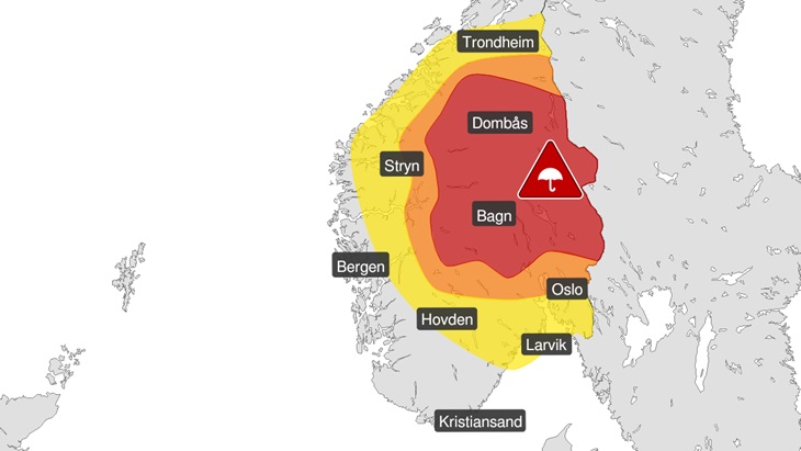 Illustrasjonsbilde fra Meteorologisk Institutt som viser området for farevarslet
