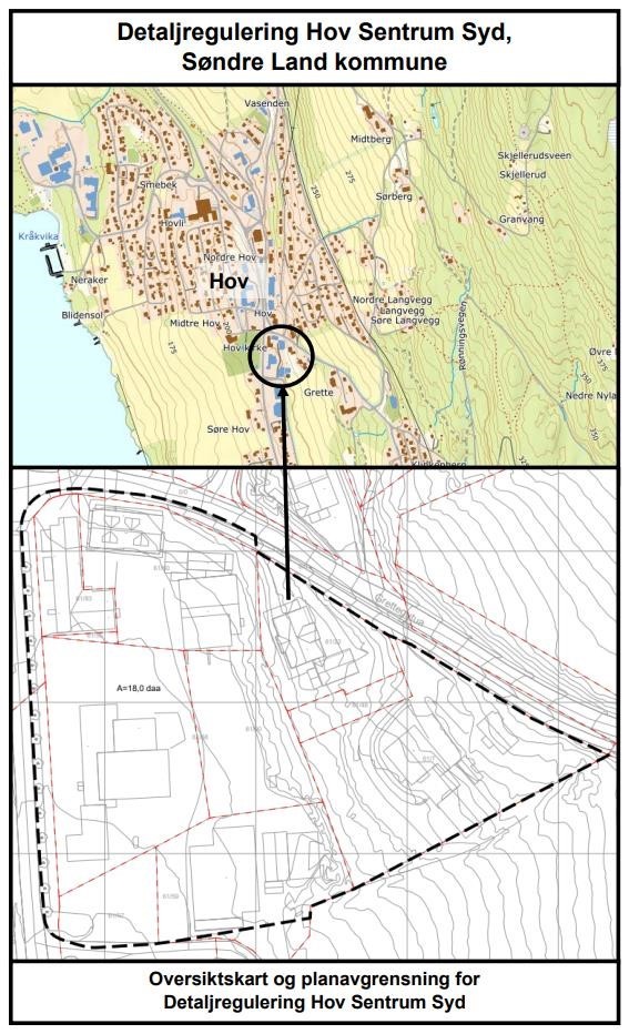 Oversiktskart og planavgrensning for Detaljregulering Hov Sentrum Syd